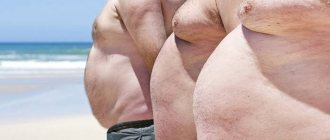 Overweight men on the beach